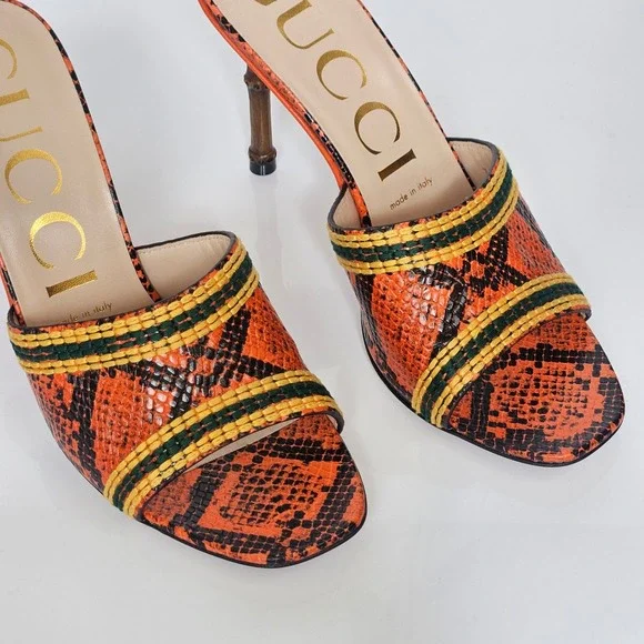 Gucci Bamboo Heel Slide Sandal Heels Orange Python Leather Size 39 Made in Italy - Picture 5 of 10